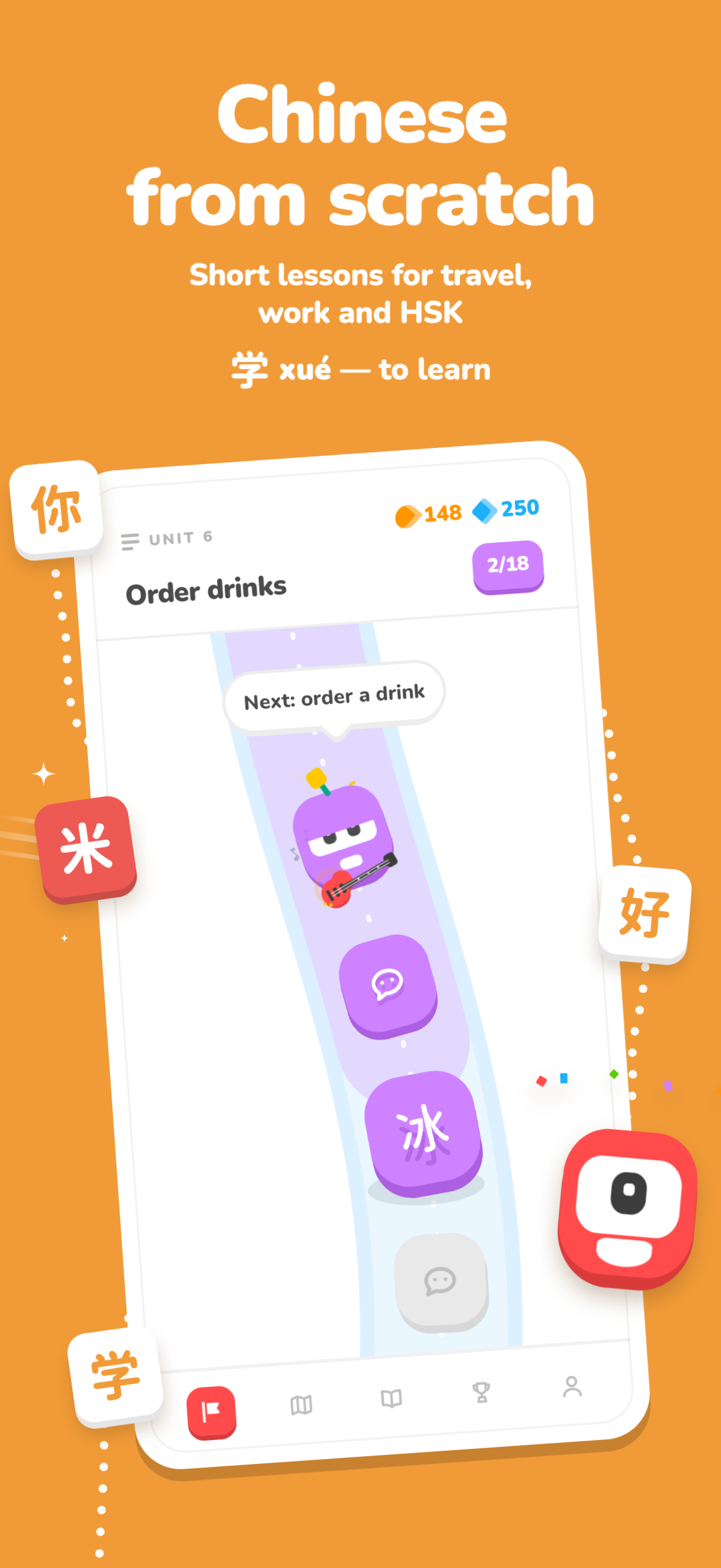 The course path in the Ordering Drinks unit, with lessons and exercises