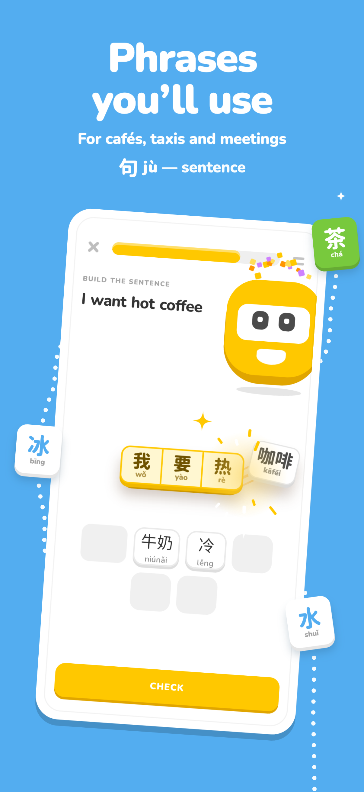 The lesson question ‘I want hot coffee’ with Chinese words to build the sentence