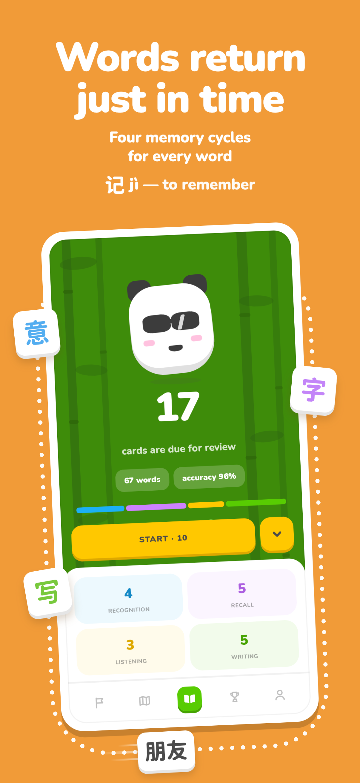 The Words screen showing due reviews and four separate skill counts