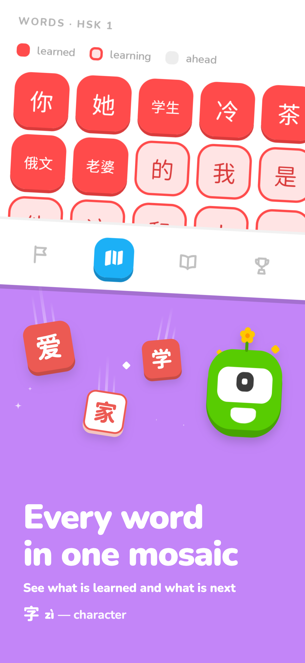 The Chinese word map with coloured tiles and learning progress